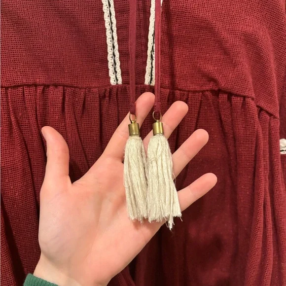 Anthropologie Boho Burgundy Blouse with Tassel Details - Picture 7 of 9